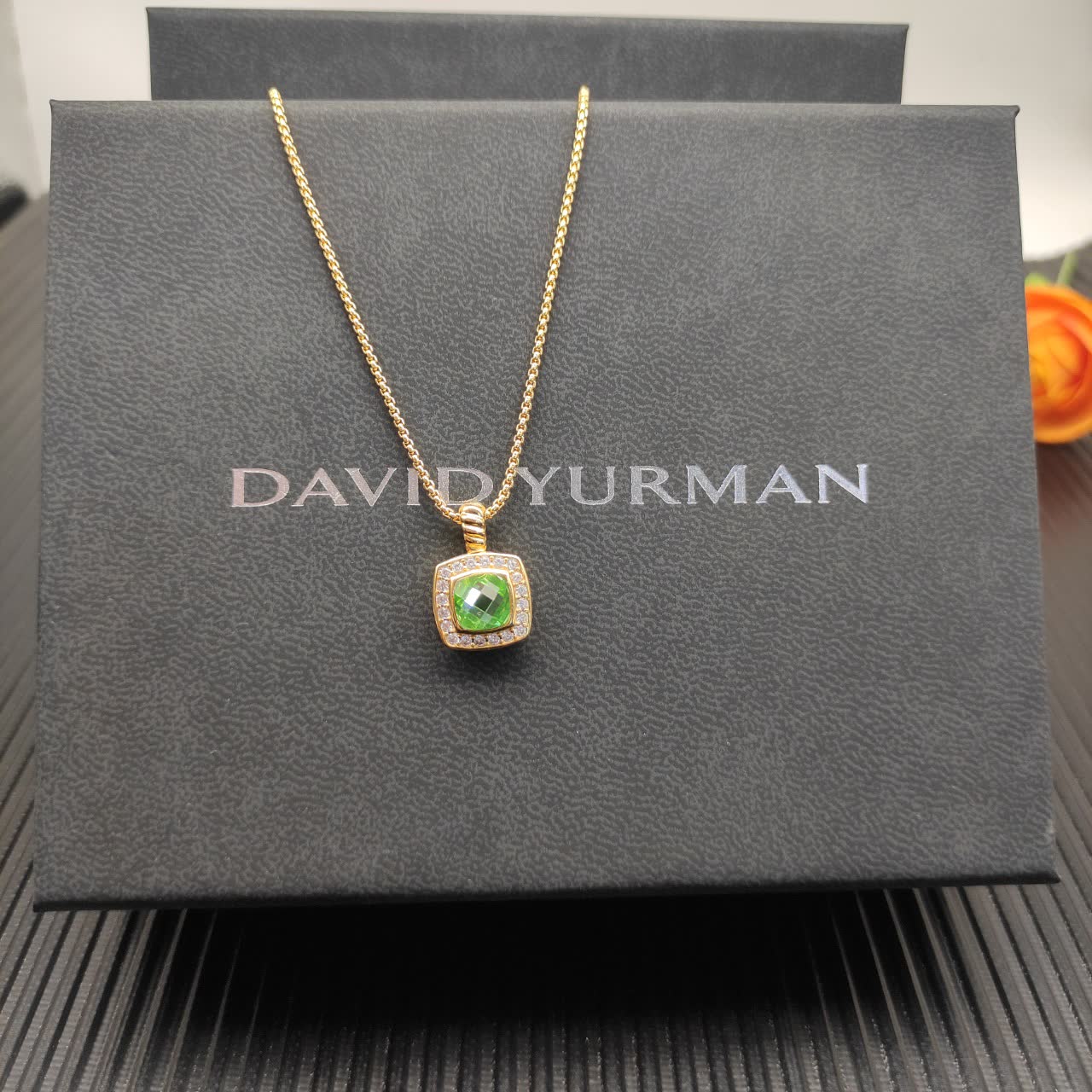 David Yurman Gold and Green Stone Necklace
